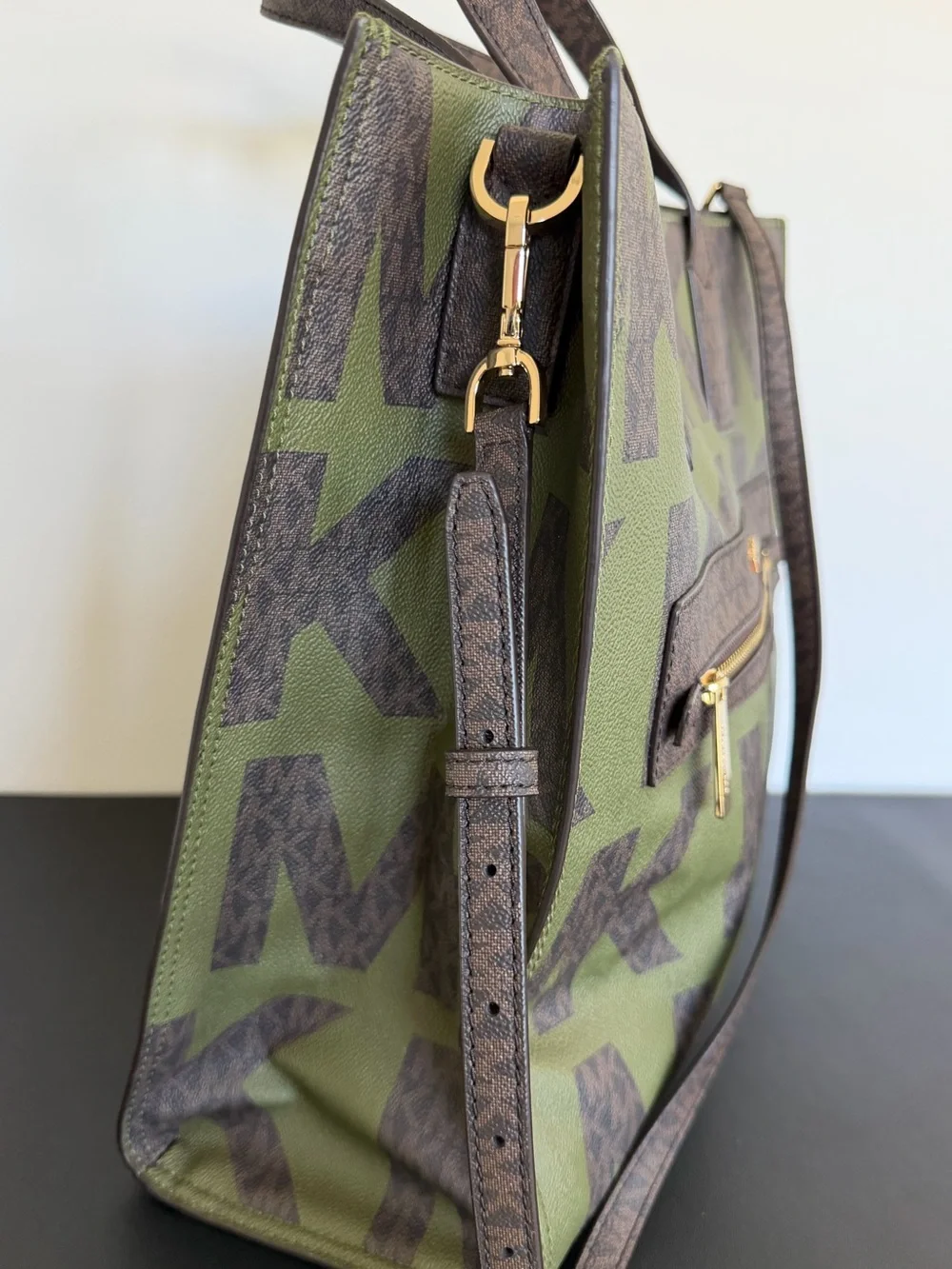Michael Kors Kenly Large Graphic Logo Tote Army Green Brown Crossbody